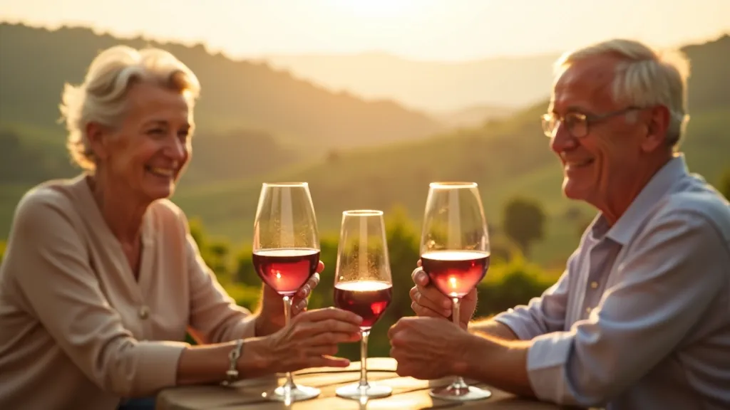 Senioru grupa degustē vīnu pie vinskalna, tieši apskate ar glāzēm